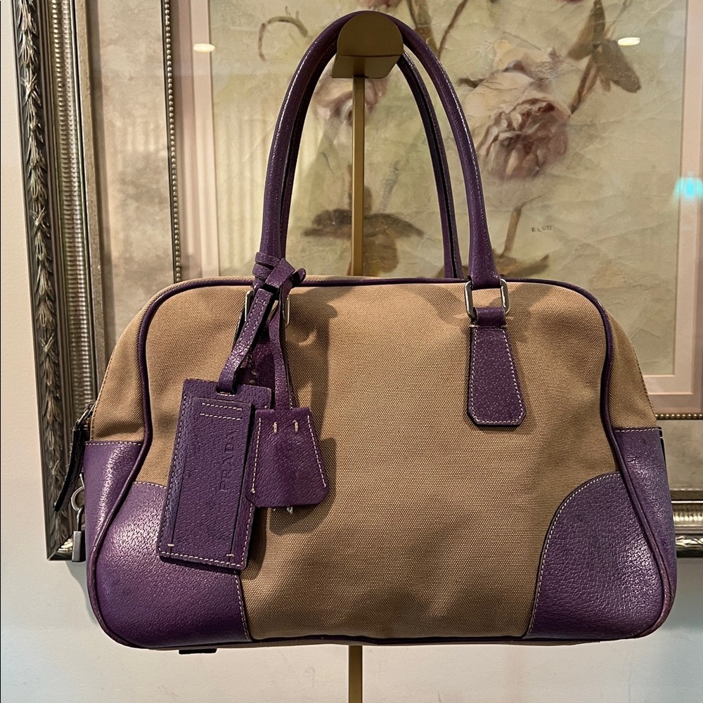 Prada Beige Canvas Satchel with Purple Leather Trim - Picture 2 of 16